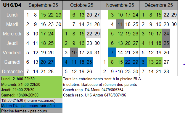 Calendrier Septembre Decembre U16-D4