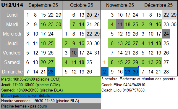 Calendrier Septembre Decembre U12-U14